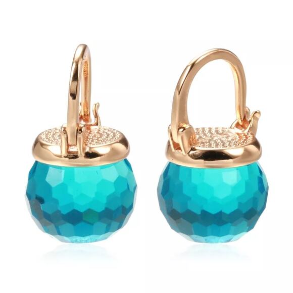 Spherical Faceted Crystal London Blue Topaz Rose Gold Tone Huggy Earrings - Picture 1 of 5